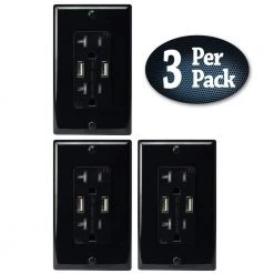 5 Amp - 20 Amp 2AC USB Wall Outlets and 2 USB Charging Ports Wall Plate Tamper Resistant AC Outlet, Black (3 per Case) by ASI