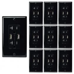 2 Duplex AC Wall Outlets and 2 USB Charging Ports, Wall Plate,20 Amp AC Outlet, 5 Amp USB, Black, (10-Pack) by ASI
