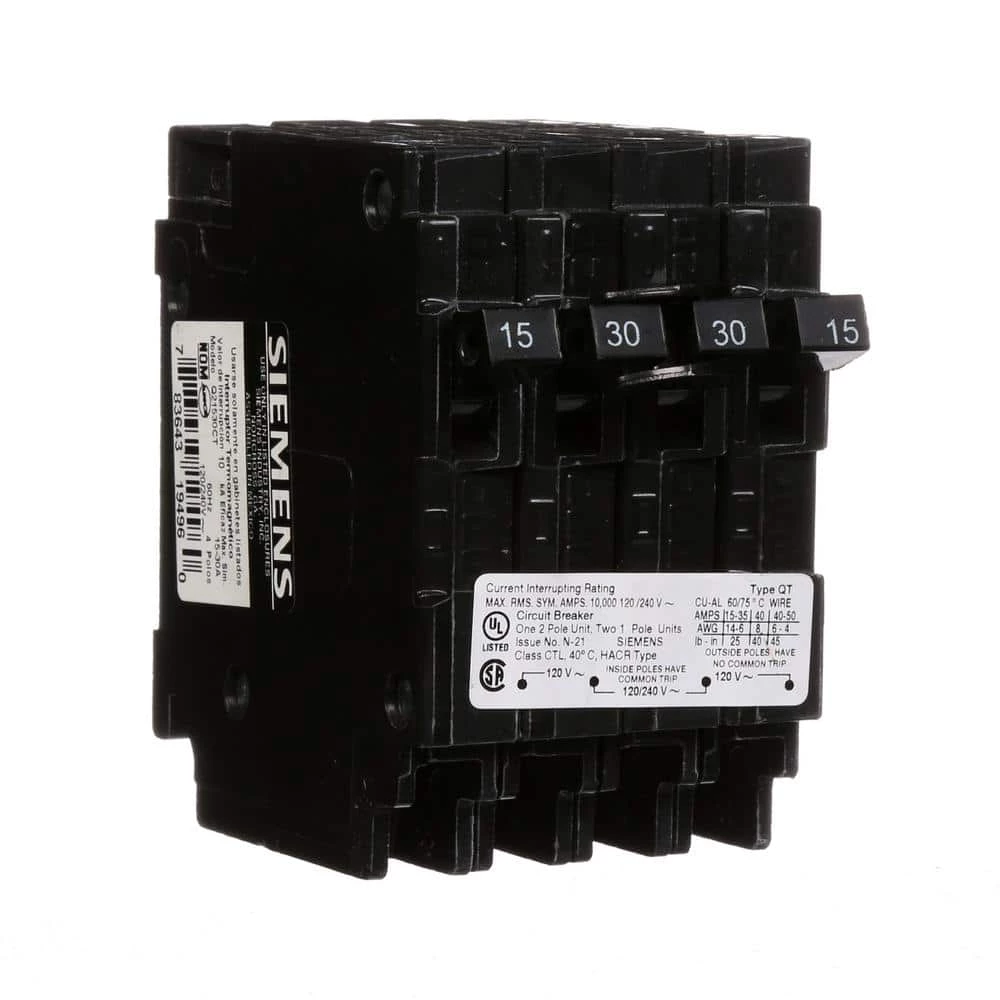 Triplex 2-Outer 15 Amp Single-Pole and 1-Inner 30 Amp Double-Pole Circuit Breaker by Siemens 3 Triplex 2-Outer 15 Amp Single-Pole and 1-Inner 30 Amp Double-Pole Circuit Breaker by Siemens - Image 3