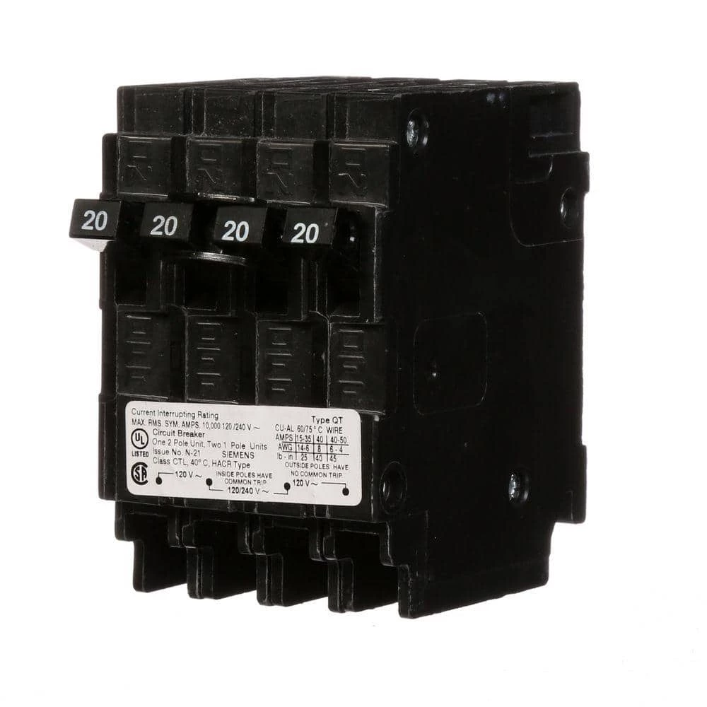 Triplex Two Outer 20 Amp Single-Pole and One Inner 20 Amp Double-Pole Circuit Breaker by Siemens 1 Triplex Two Outer 20 Amp Single-Pole and One Inner 20 Amp Double-Pole Circuit Breaker by Siemens