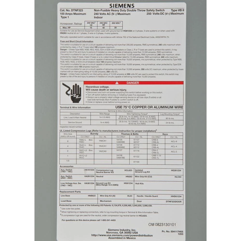 Double Throw 100 Amp 240-Volt 3-Pole Indoor Non-Fusible Safety Switch by Siemens 3 Double Throw 100 Amp 240-Volt 3-Pole Indoor Non-Fusible Safety Switch by Siemens - Image 3