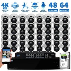 64-Channel 8MP 16TB NVR Smart Security Camera System w/48 Wired Turret Cameras 3.6 mm Fixed Lens Artificial Intelligence by GW Security -ELECTRICAL TOOLS Store white gw security wired security camera systems gw8536mic48 16t fa 1000