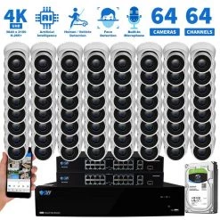 64-Channel 8MP 16TB NVR Smart Security Camera System w/64 Wired Turret Cameras 3.6 mm Fixed Lens Artificial Intelligence by GW Security -ELECTRICAL TOOLS Store white gw security wired security camera systems gw8536mic64 16t fa 1000